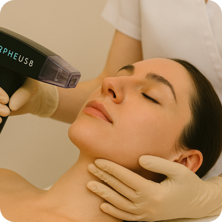 Morpheus8 skin tightening and facial rejuvenation treatment on woman by professional aesthetician
